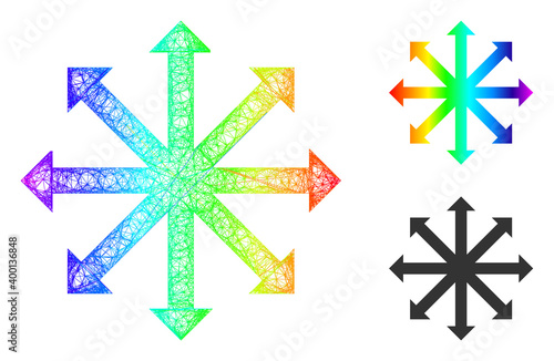 Spectral vibrant network expand arrows, and solid spectral gradient expand arrows icon. Linear carcass 2D network abstract symbol based on expand arrows icon, created with intersected lines.