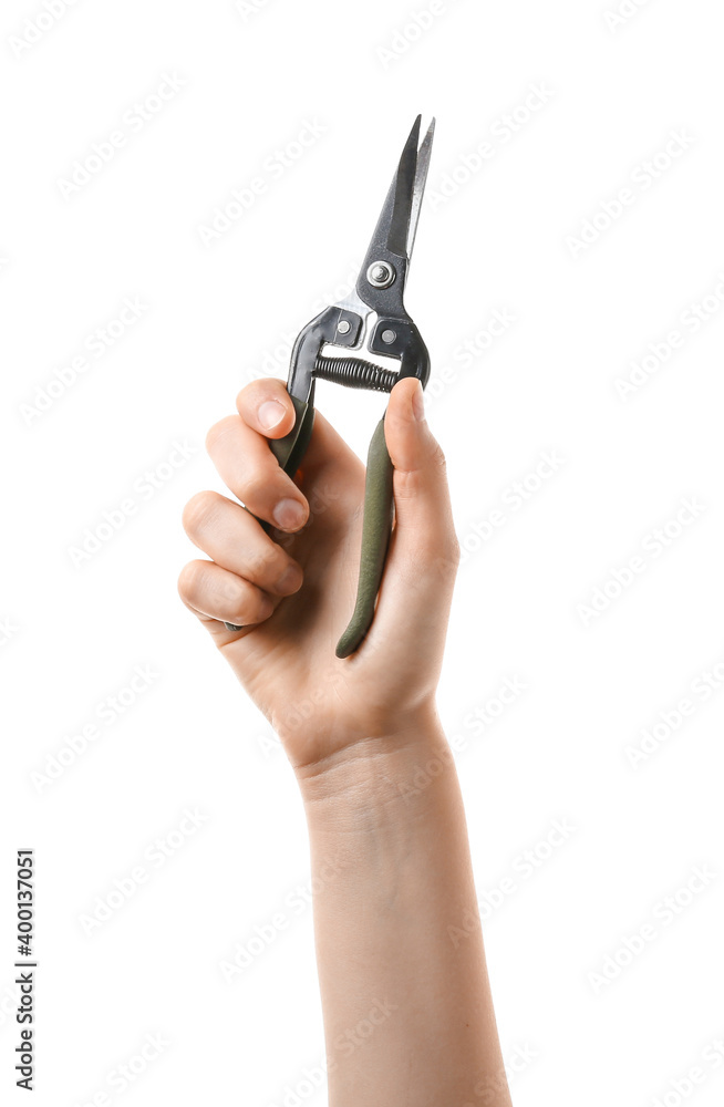 Hand with pruner on white background Hand with pruner on white background