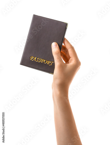 Hand with passport on white background