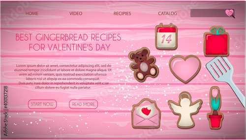 Website page with a gift for Valentine s Day. Romantic picture in pink, turquoise and red. Master class on baking cookies with icing for the holiday of all lovers. Vector illustration for the app