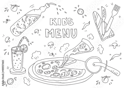 Black and white vector illustration for kids menu with pizza, lemonade, tomato and basil in doodle style. Page of a children's coloring book. Blank A3 horizontal format