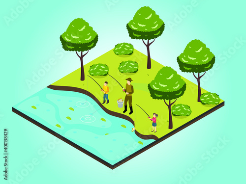 Father and kids fishing isometric 3d vector concept for banner, website, illustration, landing page, flyer, etc.