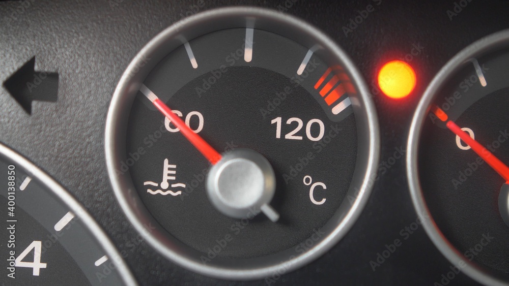 Oil Temperature Gauge and Indicator Lights of Starting and Stopping Car Close Up