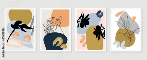 Botanical and gold abstract wall arts vector collection.  Golden and luxury pattern design with leaves line arts, Hand draw Organic shape design for wall framed prints, canvas prints, poster, home dec