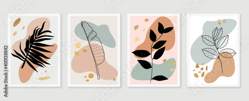 Botanical and gold abstract wall arts vector collection.  Golden and luxury pattern design with leaves line arts, Hand draw Organic shape design for wall framed prints, canvas prints, poster, home dec