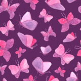Watercolor seamless pattern with pink butterflies. Hand painted fairy butterfly texture on dark background. Romantic design for Valentine's day, textile, cards, decoration