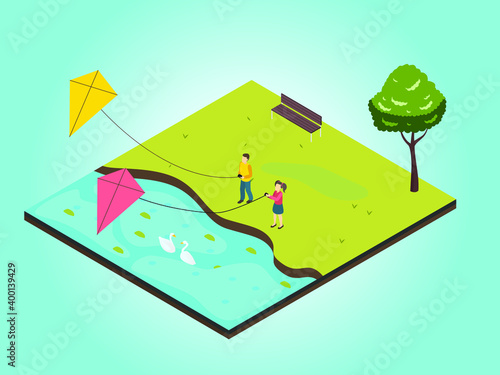 Kids playing kite isometric 3d vector concept for banner, website, illustration, landing page, flyer, etc.