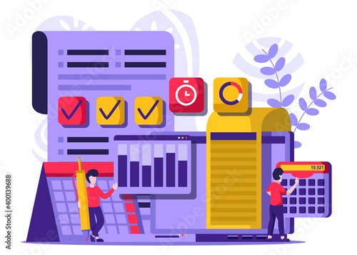 Underwriter concept. Business insurance, financial payment in case of damage or financial loss. Idea of security and protection of property and profit. Tiny people illustration. Vector illustration