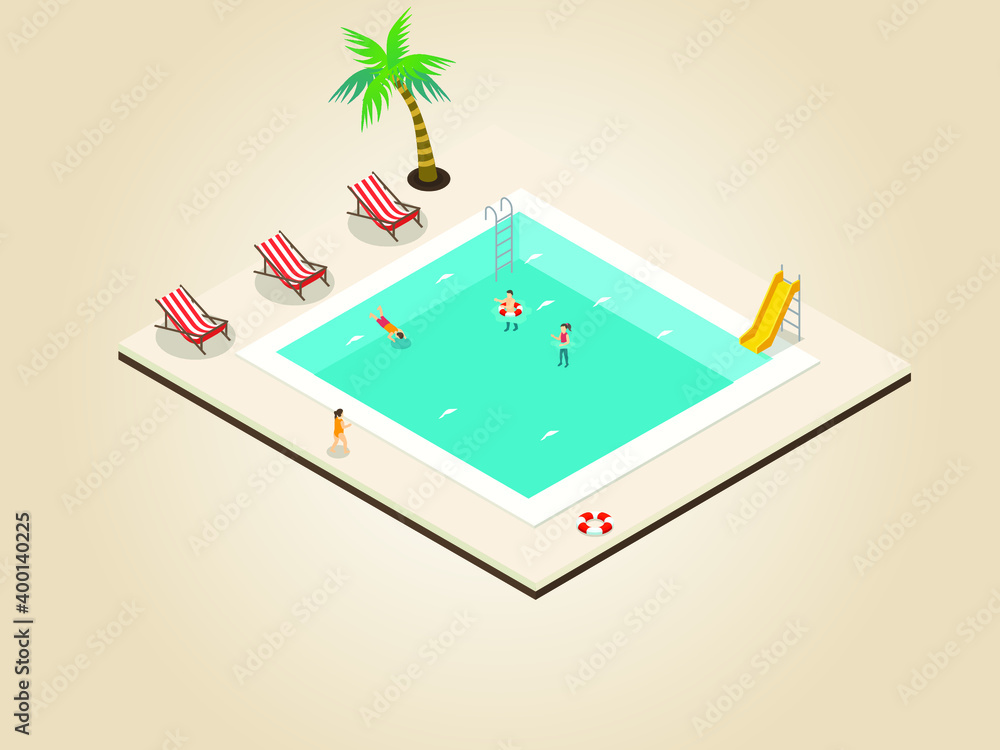 Fototapeta premium Happy family on vacation isometric 3d vector concept for banner, website, illustration, landing page, flyer, etc.