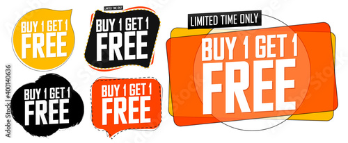 Set Buy 1 Get 1 Free tags, sale banners design template, discount badge collection, vector illustration