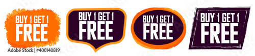 Set Buy 1 Get 1 Free tags, sale banners design template, discount badge collection, vector illustration