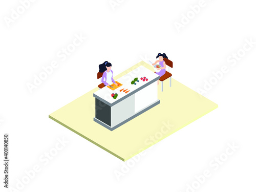 Mother cooking with daughter isometric 3d vector concept for banner, website, illustration, landing page, flyer, etc.