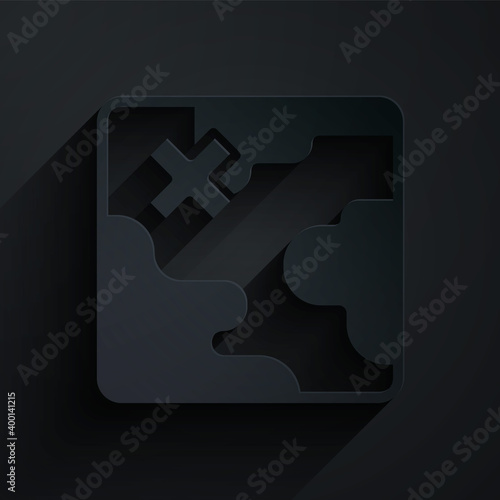 Paper cut Africa safari map icon isolated on black background. Paper art style. Vector.