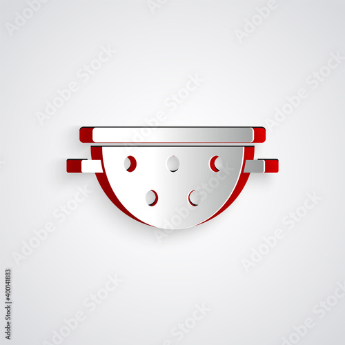 Paper cut Kitchen colander icon isolated on grey background. Cooking utensil. Cutlery sign. Paper art style. Vector.