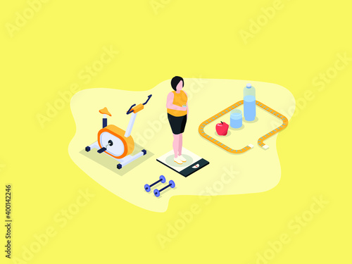 Woman on diet isometric 3d vector concept for banner, website, illustration, landing page, flyer, etc.