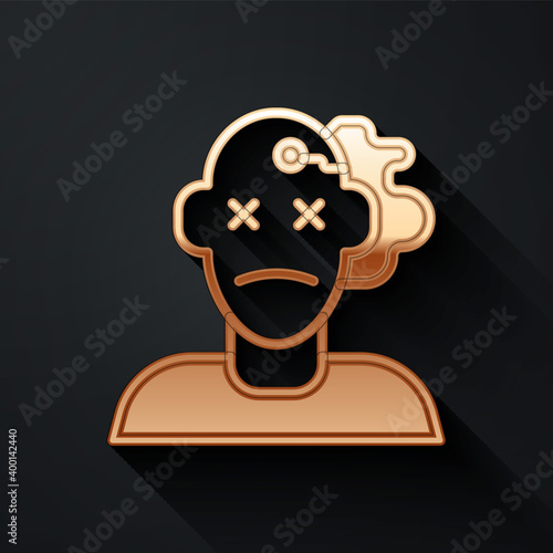 Gold Murder icon isolated on black background. Body, bleeding, corpse, bleeding icon. Concept of crime scene. Long shadow style. Vector.