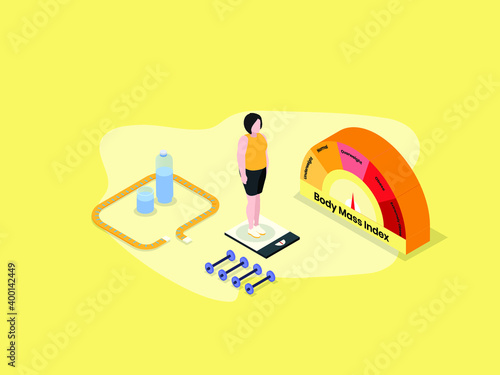 Woman on diet measuring weights isometric 3d vector concept for banner, website, illustration, landing page, flyer, etc.