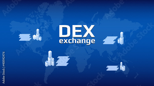DEX decentralized exchange in different cities with world map on blue background. DEX allows you to exchange cryptocurrencies without intermediaries.