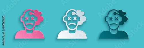 Paper cut Murder icon isolated on blue background. Body, bleeding, corpse, bleeding icon. Concept of crime scene. Paper art style. Vector.