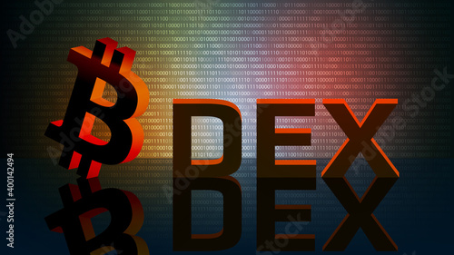 DEX decentralized exchange and bitcoin symbol on mirrored floor with digital background. DEX allows you to exchange cryptocurrencies without intermediaries.