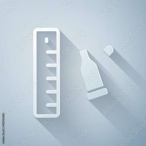 Paper cut Bullet casing as a piece of evidence placed with forensic ruler for documentation icon isolated on grey background. Concept of crime scene. Paper art style. Vector.