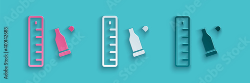 Paper cut Bullet casing as a piece of evidence placed with forensic ruler for documentation icon isolated on blue background. Concept of crime scene. Paper art style. Vector.