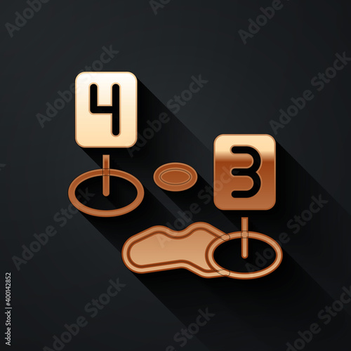 Gold Marker of crime scene icon isolated on black background. Long shadow style. Vector.