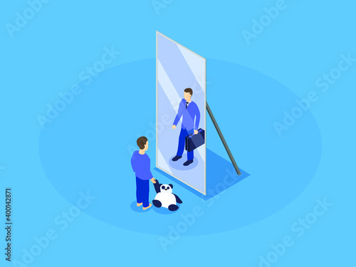 Boy looking at his future self isometric 3d vector concept for banner, website, illustration, landing page, flyer, etc.
