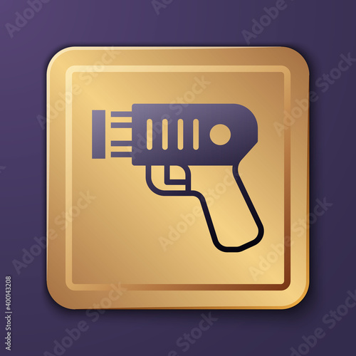 Purple Police electric shocker icon isolated on purple background. Shocker for protection. Taser is an electric weapon. Gold square button. Vector.