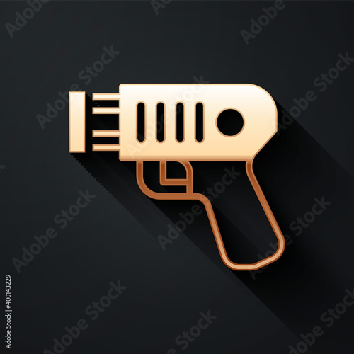Gold Police electric shocker icon isolated on black background. Shocker for protection. Taser is an electric weapon. Long shadow style. Vector.