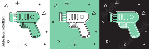 Set Police electric shocker icon isolated on white and green, black background. Shocker for protection. Taser is an electric weapon. Vector.