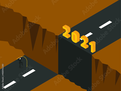 Businessman jumping to year 2021 isometric 3d vector concept for banner, website, illustration, landing page, flyer, etc.