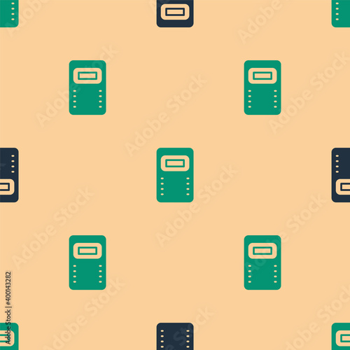 Green and black Police assault shield icon isolated seamless pattern on beige background. Vector.