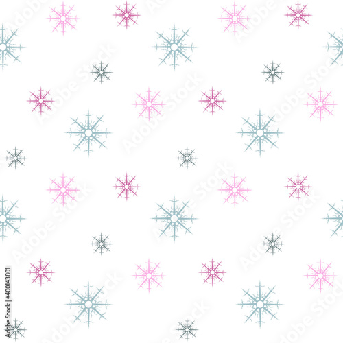 Seamless pattern in pink and discreet blue snowflakes for fabric  textile  clothes  tablecloth and other things. Vector image.