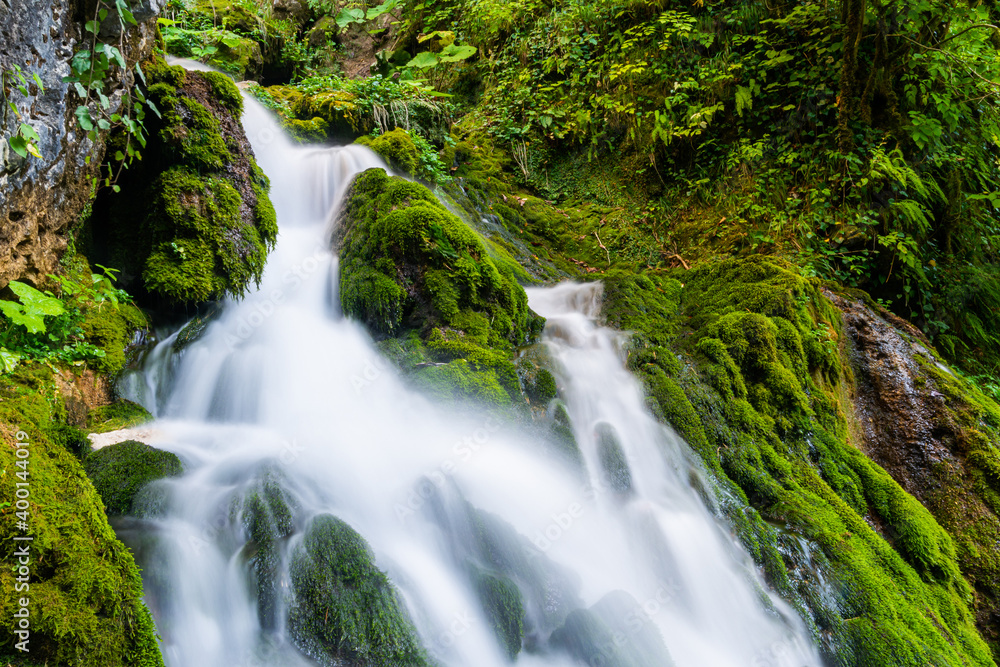 Beautiful scenic landscape of Isichenko waterfall in Kurdzhips Gorge in Caucasus mountains by Mezmai at summer, Russia Beautiful scenic landscape of Isichenko waterfall in Kurdzhips Gorge in Caucasus mountains by Mezmai at summer, Russia