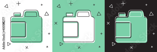 Set Plastic bottle for laundry detergent, bleach, dishwashing liquid or another cleaning agent icon isolated on white and green, black background. Vector.