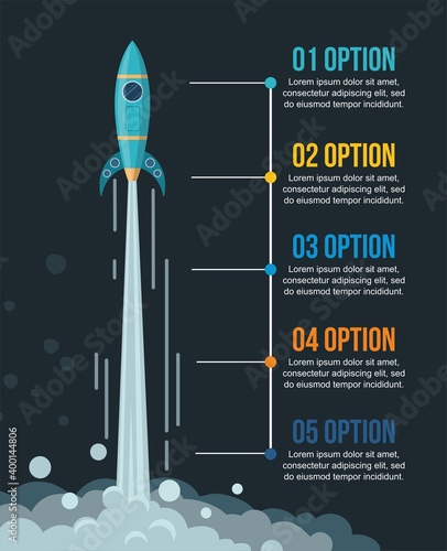 Space rocket flying in space. Web page with copy space for text. Startup business template infographics