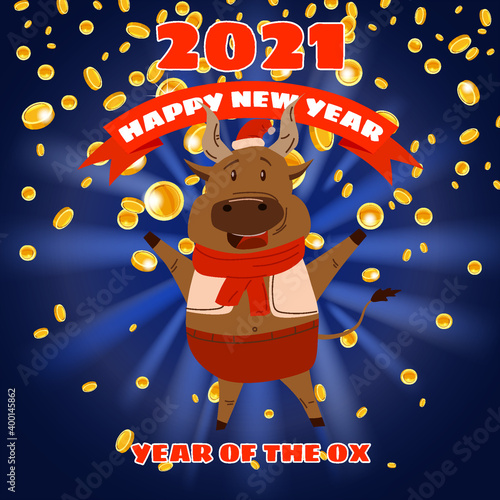 Happy Chinese 2021 new year greeting card. Year of the ox. Cute bull and gold money. Chinese zodiac symbol traditional holidays cartoon character. Background gold falling coins. Vector illustration