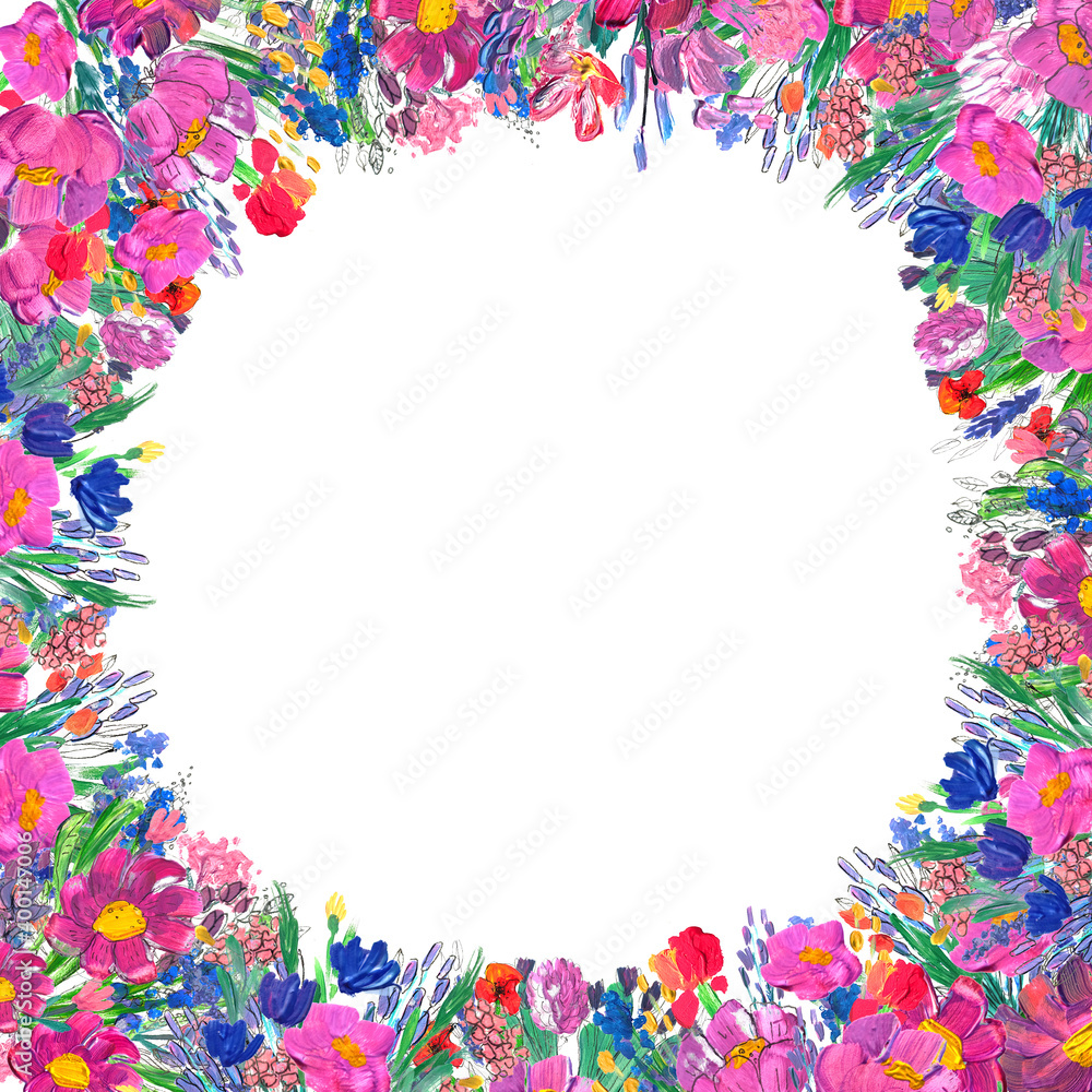 Obraz premium Hand-painted floral border. Wildrlowers on white background
