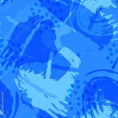 Monochrome abstract vector seamless pattern. Paint splashes and brush strokes in shades of blue color , inspired by oriental fabrics and textiles create  modern expressive background