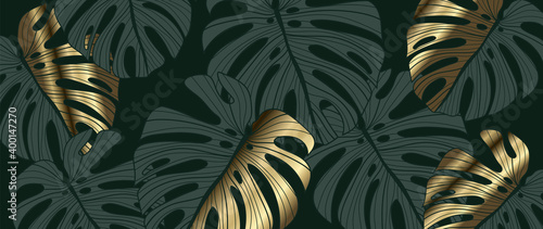 Luxury gold and nature green background vector. Floral pattern, Golden split-leaf Philodendron plant with monstera plant line arts, Vector illustration.