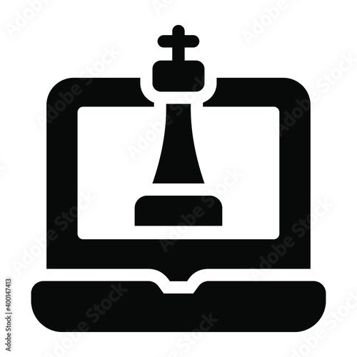 
Chess piece inside laptop representing online strategy in glyph icon
