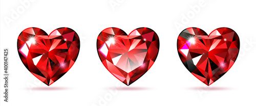 Set Rubin in the shape of a heart. Red gemstone, decor for Valentine s Day, International Women s Day. Isolated on a white background. 3d realistic vector illustration.