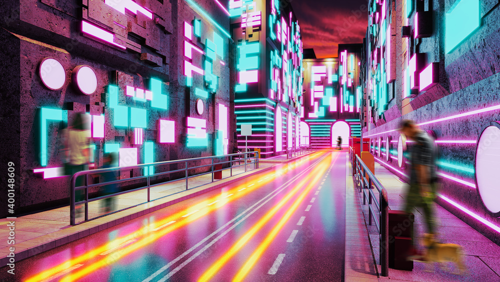3D rendering, 3D illustration: Night futuristic city after rain with cyberpunk neon lights and glowing windows