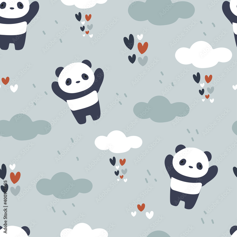Seamless pattern with cute cartoon panda for fabric print, textile, gift wrapping paper. colorful vector for kids, flat style