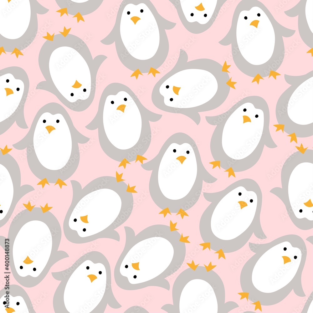 Seamless winter background with a cute penguin on a pink background. Isolated vector objects. Festive Christmas illustration for fabric, wallpaper, clothing, covers, packaging.