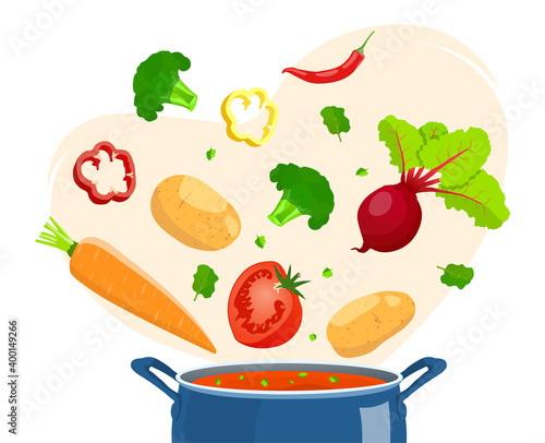 Pan with soup and Vegetables flying. Recipes, homemade food, food preparation concept. Isolated vector illustration for poster, banner, flyer.