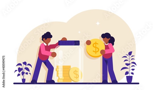 Safe money concept. Glass jar with coins. Family couple saving money. Man and woman inserting cash into glass jar. Modern flat illustration.