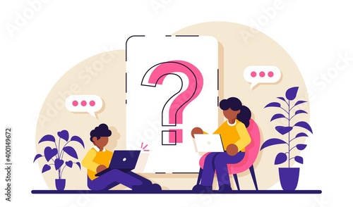 Question mark on document. Business woman and man asking questions around a huge question mark on paper. Modern flat illustration.
