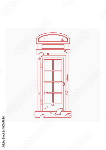 Editable Front View Grunge Typical Traditional English Telephone Booth in Outline Style Vector Illustration for England Culture Tradition and History Related Design